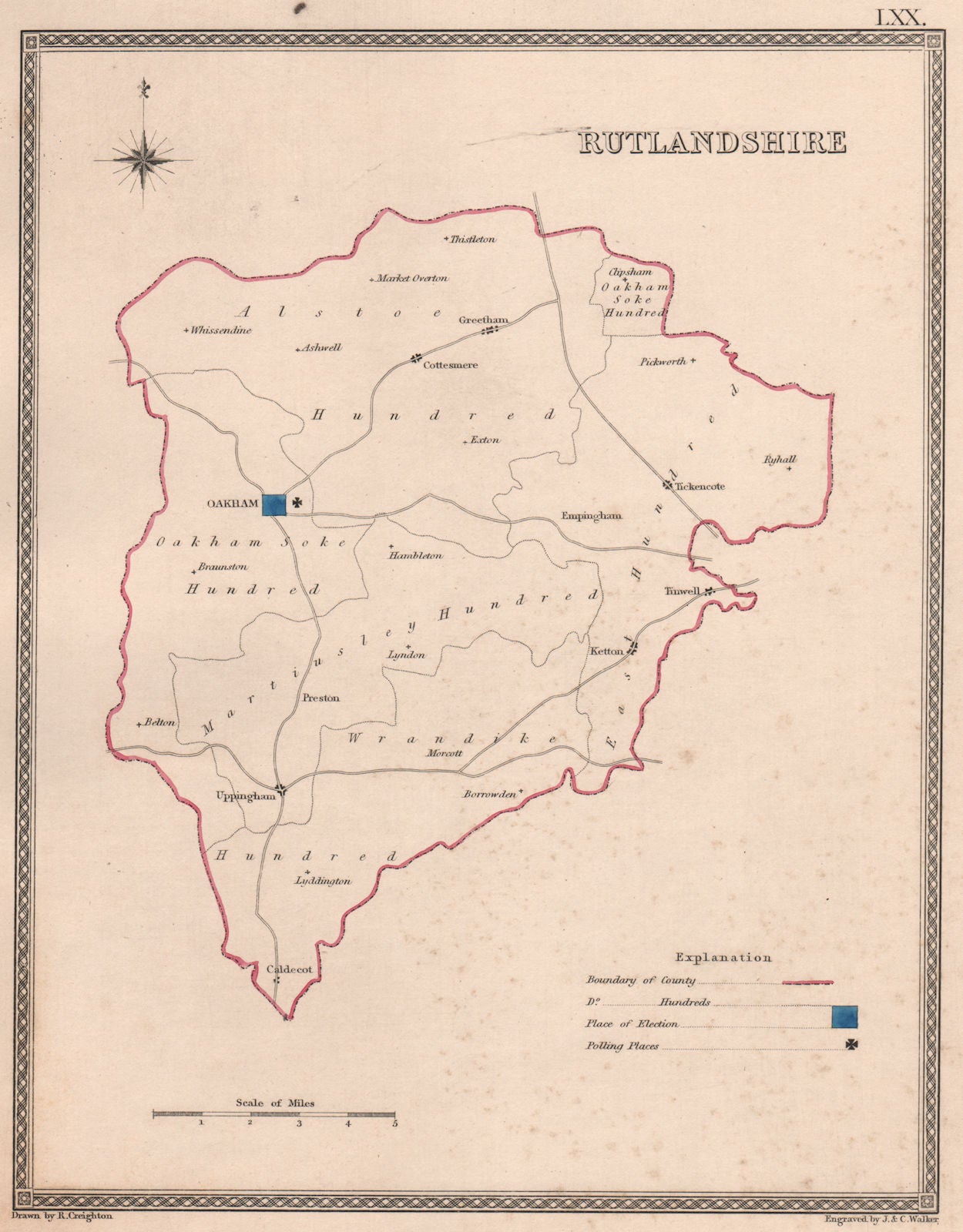RUTLANDSHIRE antique county map by CREIGHTON/WALKER. Electoral 1835 old